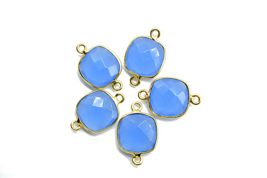 Blue Chalcedony 12mm Cushion double bail connectors,Blue Chalcedony Gold Plated Gemstone Bezel Connector, chalcedony Double Loop connectors