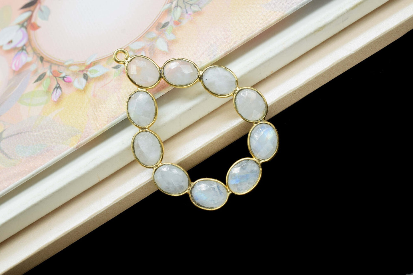 Moonstone loop connector,Natural Rainbow Moonstone,Bezel pendant ,floral gold Plated Single Point Bail,gemstone pendant,gold plated pendant,