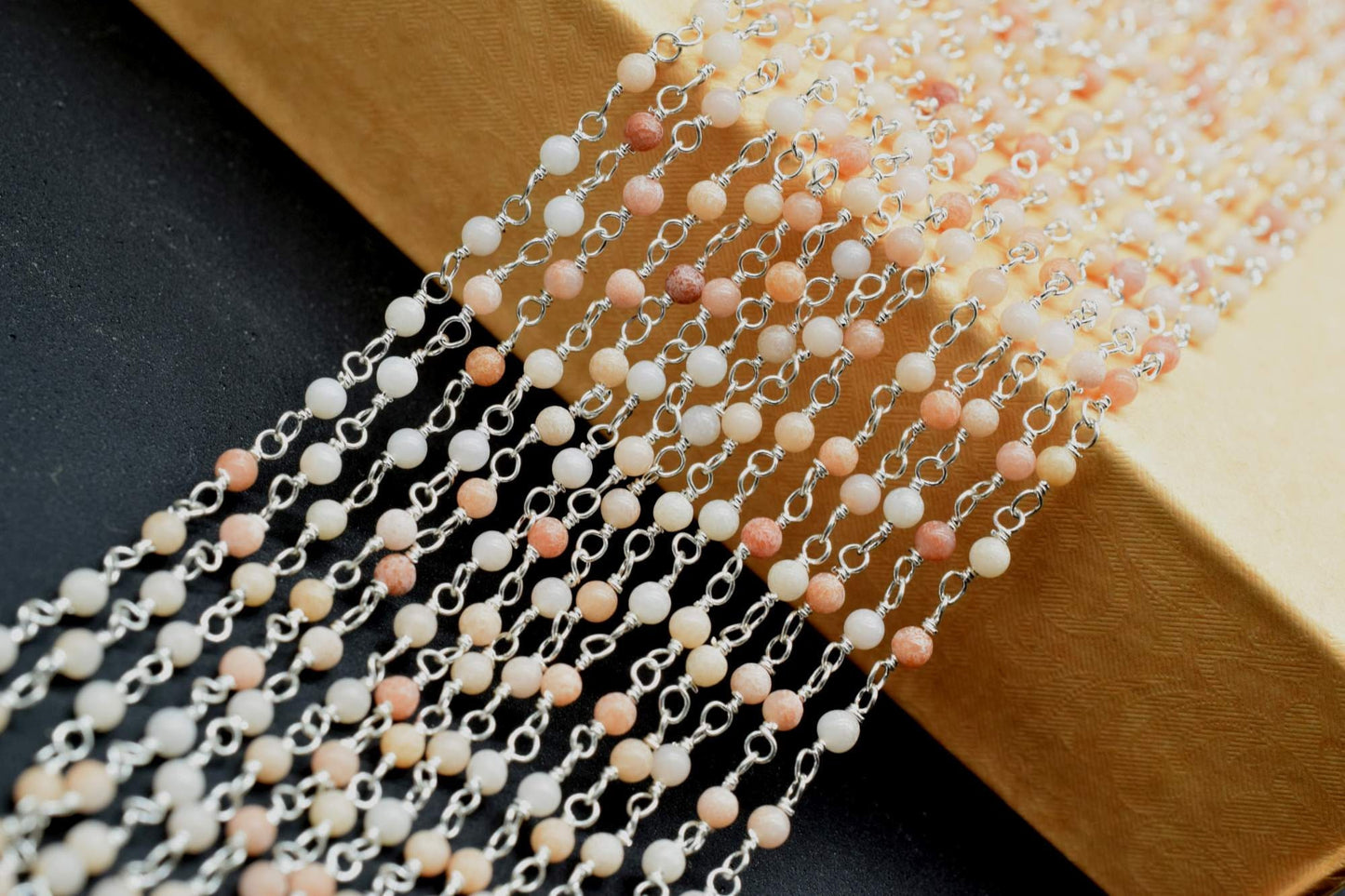 Natural Gemstone Rosary,Peach Moonstone Wire Wrapped Rosary Chain,Peach Moonstone Rosary Chain,Chain by Foot,2mm Round Beads Rosary,Jewelry