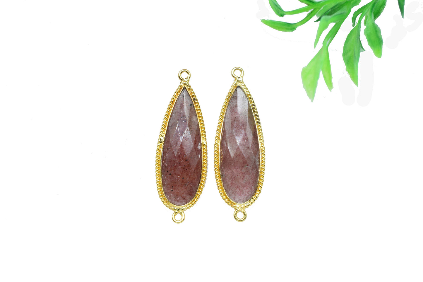 Pink Strawberry Gemstone Pendant,Strawberry Faceted 10x30mm pear shape Charm Connector Jewelry,Pink Strawberry Gold Plated Double Bail bezel