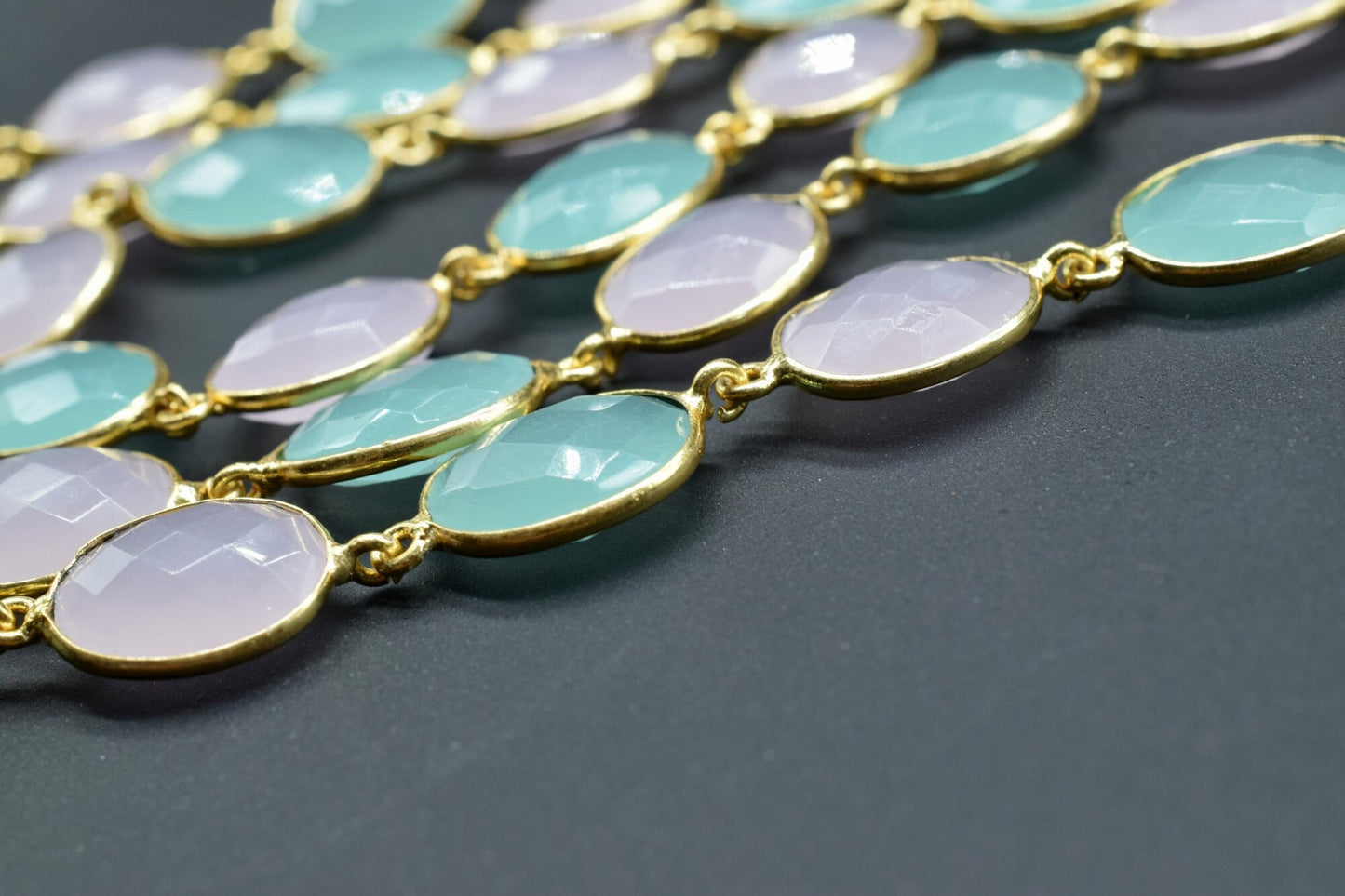 Aqua Chalcedony & Pink chacledony oval Connector Chain,Chalcedony Gold Bezel Connector Chain,Gemstone Gold Plated Rosary Chain,Bezel chains