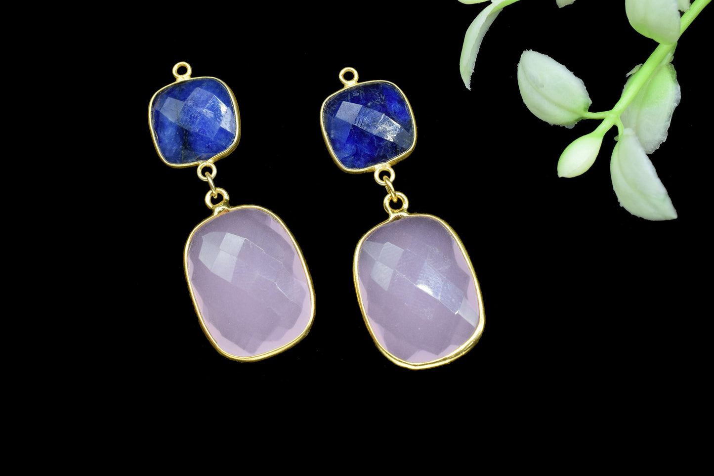 Blue Sapphire Component pendant,Multi Stone Dangle Earring,Square Shape Pendant Jewellry,Rose Quartz Dangle pendant Charm,Gemstone Connector