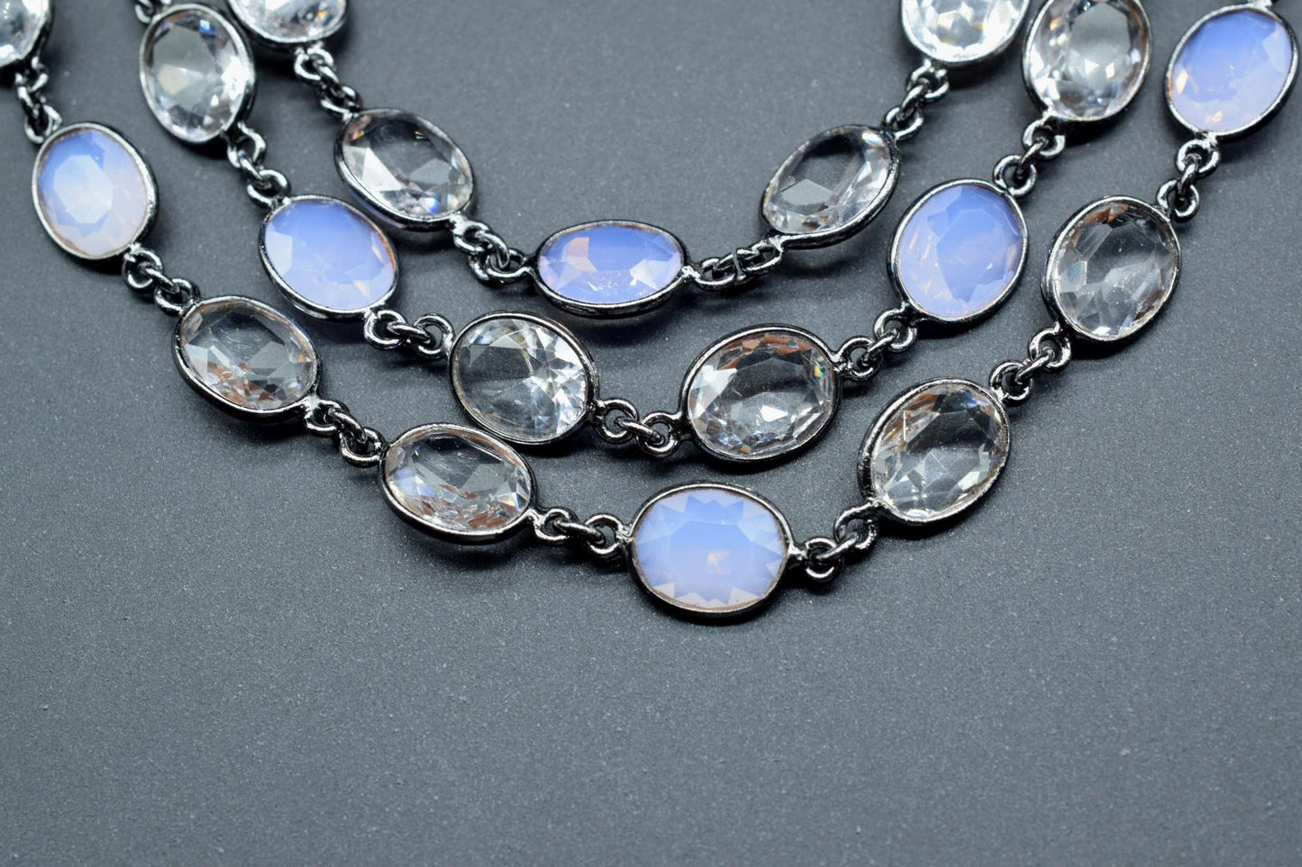 Opalite & Crystal Bezel link Chain I Handmade Bezel Link Chain, black rhodium Bezel Chain,Brass Chain,Gemstone Connector Chain Per Foot