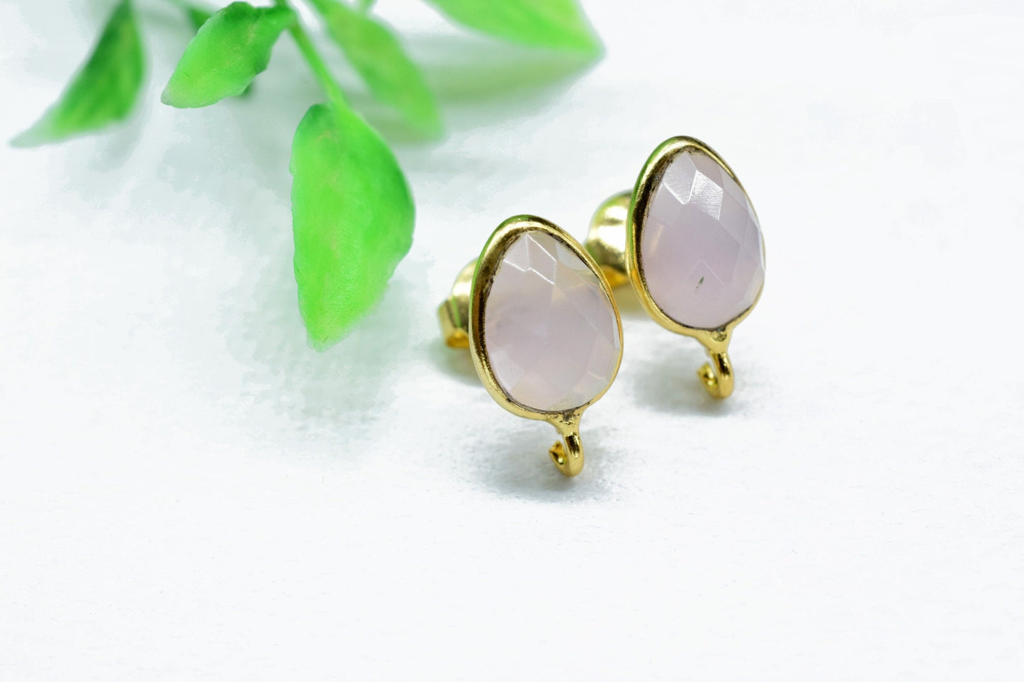 Pink Chalcedony 7x10mm Earring Connector,Gemstone Connector Post Stud,Jewelry Supply,Earring Finding,Jewelry Making Connector,Ear Post Stud