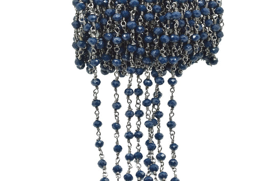 Blue Agate 3mm Beaded Chain,Blue Agate Rosary Chains,Blue Agate Black rhodium Wire Wrap Chain,Brass chain,Jewelry Making Chain,Rosary chain