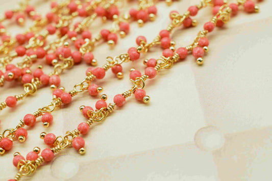 Red coral 2mm Cluster Rosary Chain,Gold Plated Chain,Wire Wrapped Chain,Jewelry Supply,Plain Red coral Beads Gold Plated dangling chain