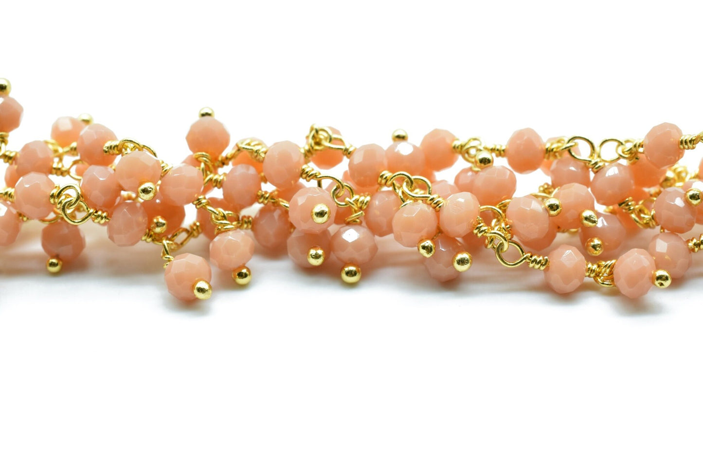 Peach Moonstone Cluster Beaded Chain, Gold Plated wire wrapped Rosary Chain,Dangling Faceted Wire Wrapped Beaded Chain,Soldby Foot Wholesale