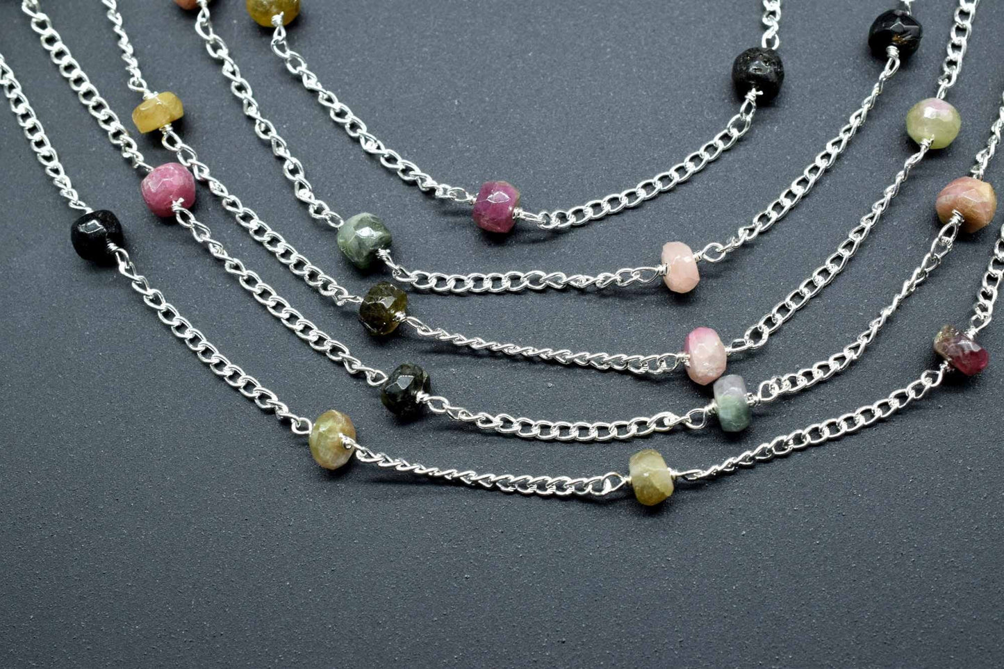 Multi Tourmaline Beads Rosary,Silver Plated,Wire Wrapped link Stone Rosary Chain,Round Faceted Bead,Craft Supply Rosary,Handmade Beads Chain