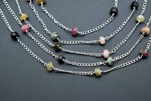 Multi Tourmaline Beads Rosary,Silver Plated,Wire Wrapped link Stone Rosary Chain,Round Faceted Bead,Craft Supply Rosary,Handmade Beads Chain