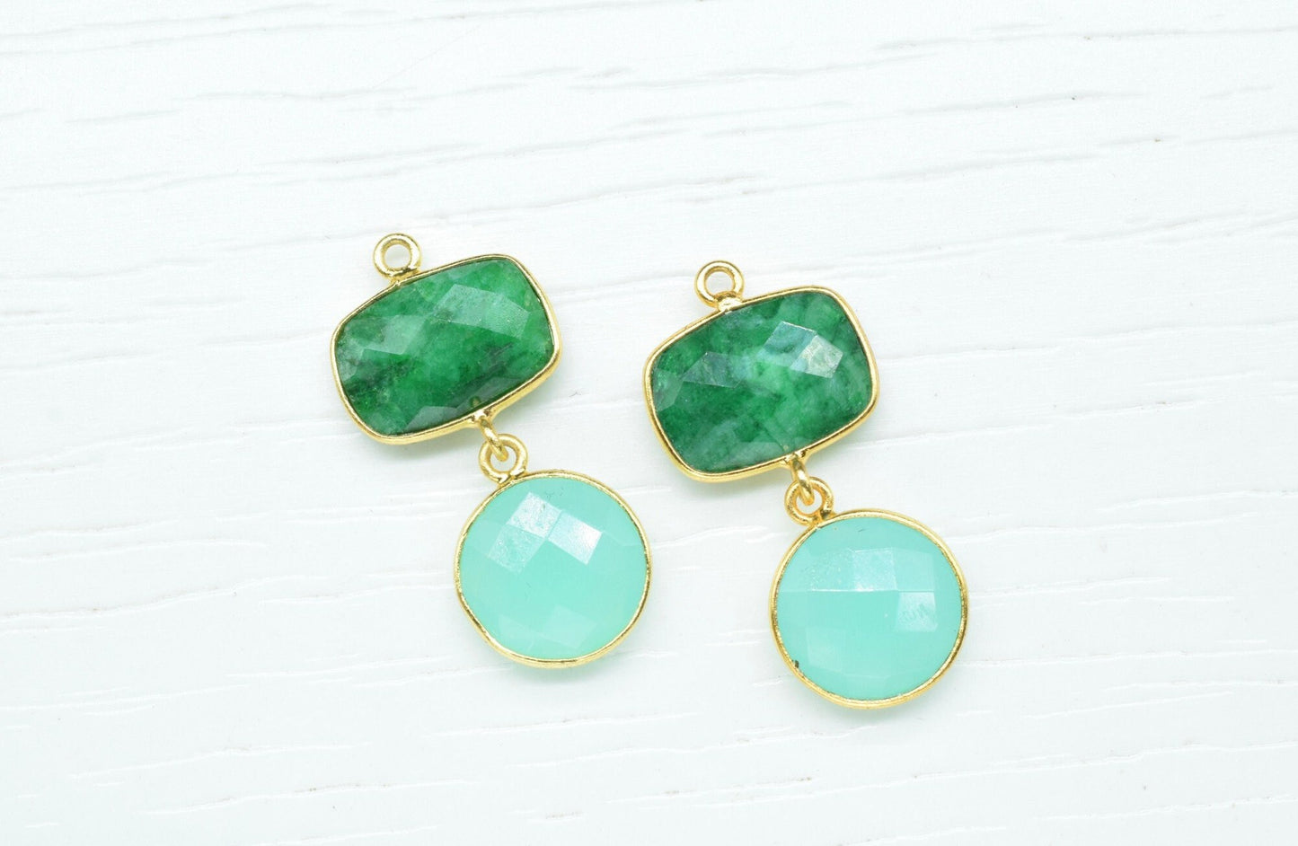 Emerald Dangle Component Earrings,Station Bezel Link,Gemstone Connector,Multi Stone Jewelry,Aqua Quartz pendant Connector,Handmade Jewelry,