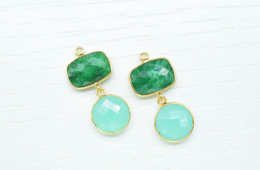 Emerald Dangle Component Earrings,Station Bezel Link,Gemstone Connector,Multi Stone Jewelry,Aqua Quartz pendant Connector,Handmade Jewelry,