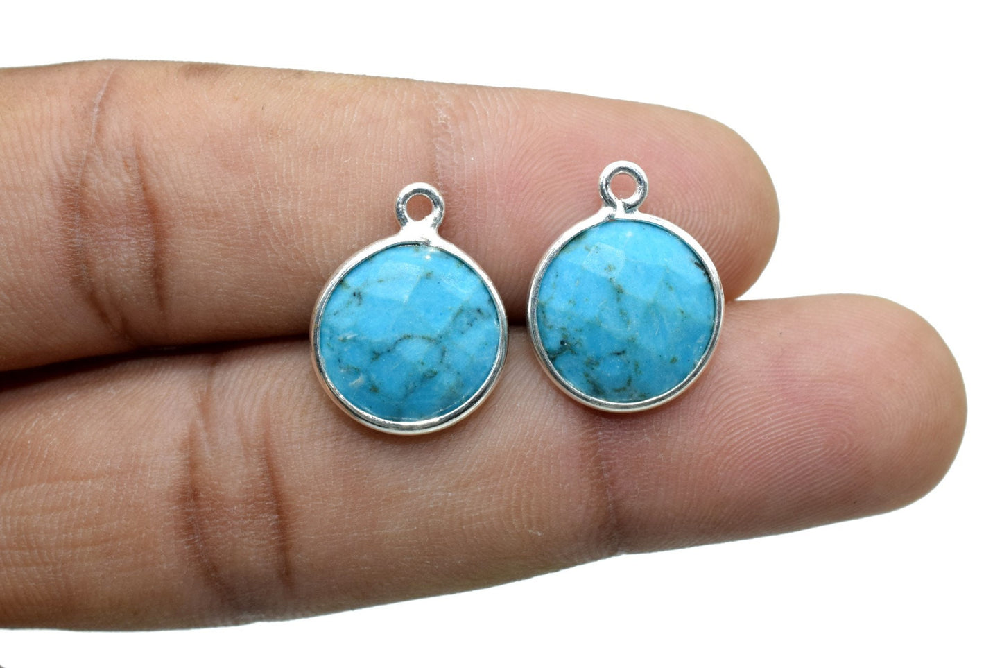 Natural Turquoise 12mm Round Single bail connectors,Turquoise Pendant,Faceted Turquoise bezel link,Gemstone Charm,Gemstone Pendant, charms