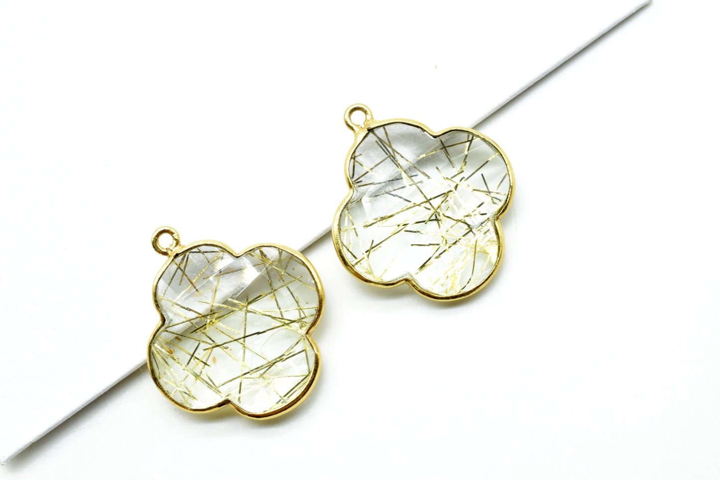 Gold Rutile 20mm Clover Shape Connector,Gold Plated SingleBail Gemstone Connector Gold Rutile Clover Briolette,Gold Rutile Clover Stone Link