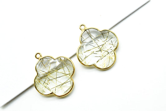 Gold Rutile 20mm Clover Shape Connector,Gold Plated SingleBail Gemstone Connector Gold Rutile Clover Briolette,Gold Rutile Clover Stone Link