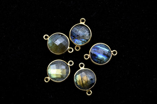 Labradorite 12mm Round double bail connectors,Round Pendant,Faceted Labradorite,Gemstone Charm,Gemstone Pendant,Labradorite Charms connector
