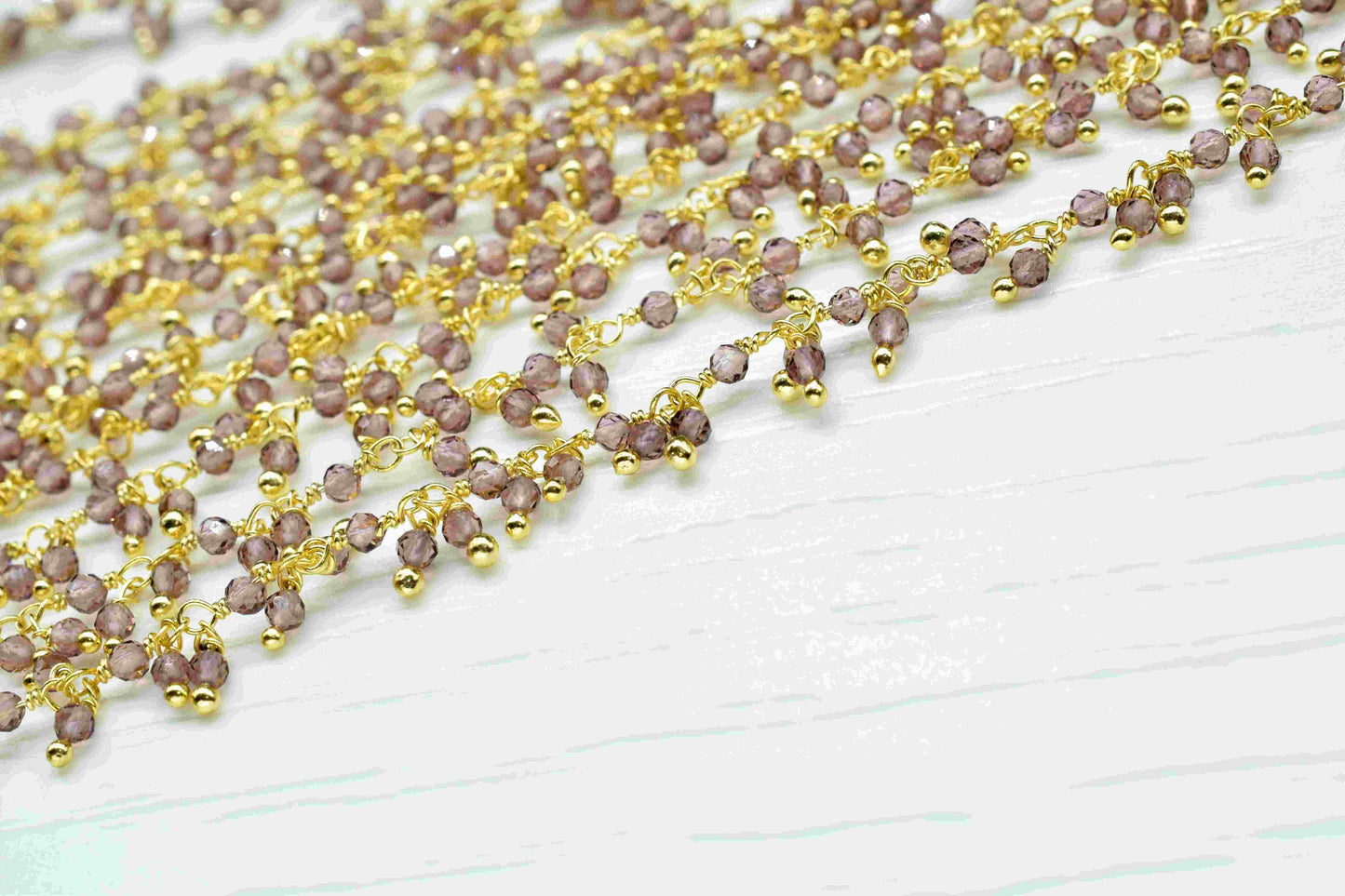 Amethyst 2.5mm To 3mm Cluster Beaded Rosary, Amethyst Rosary Chain,Amethyst Gold Plated Wire Wrap Chain,Cluster Beads Rosary Jewelry Making