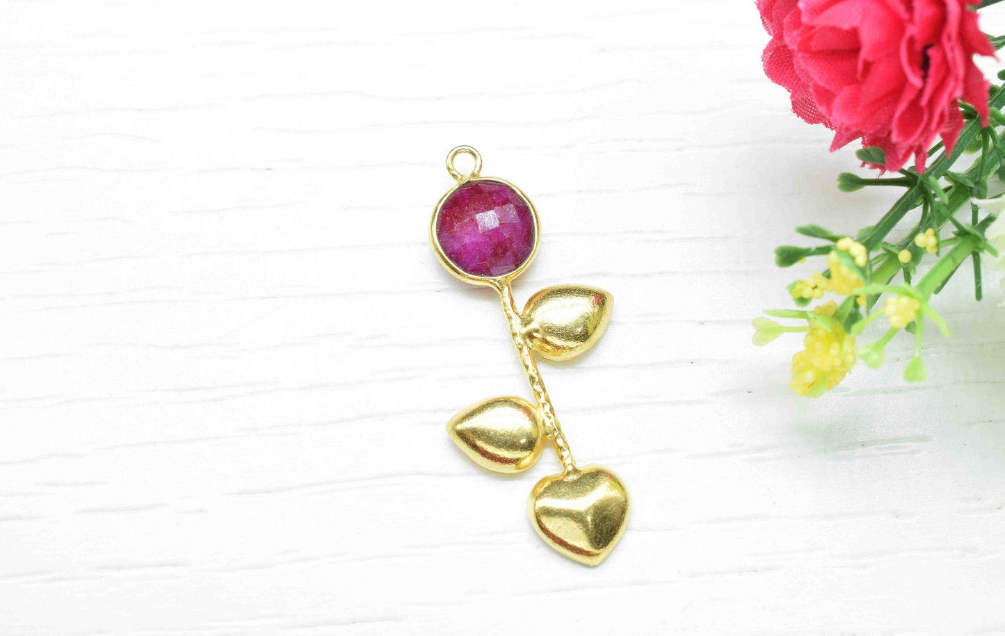 Ruby Round Shape Pendant , Ruby Single Bail Charms  ,Genuine Gemstone Charms , Gold Plated Gemstone Connectors , Summer Collection