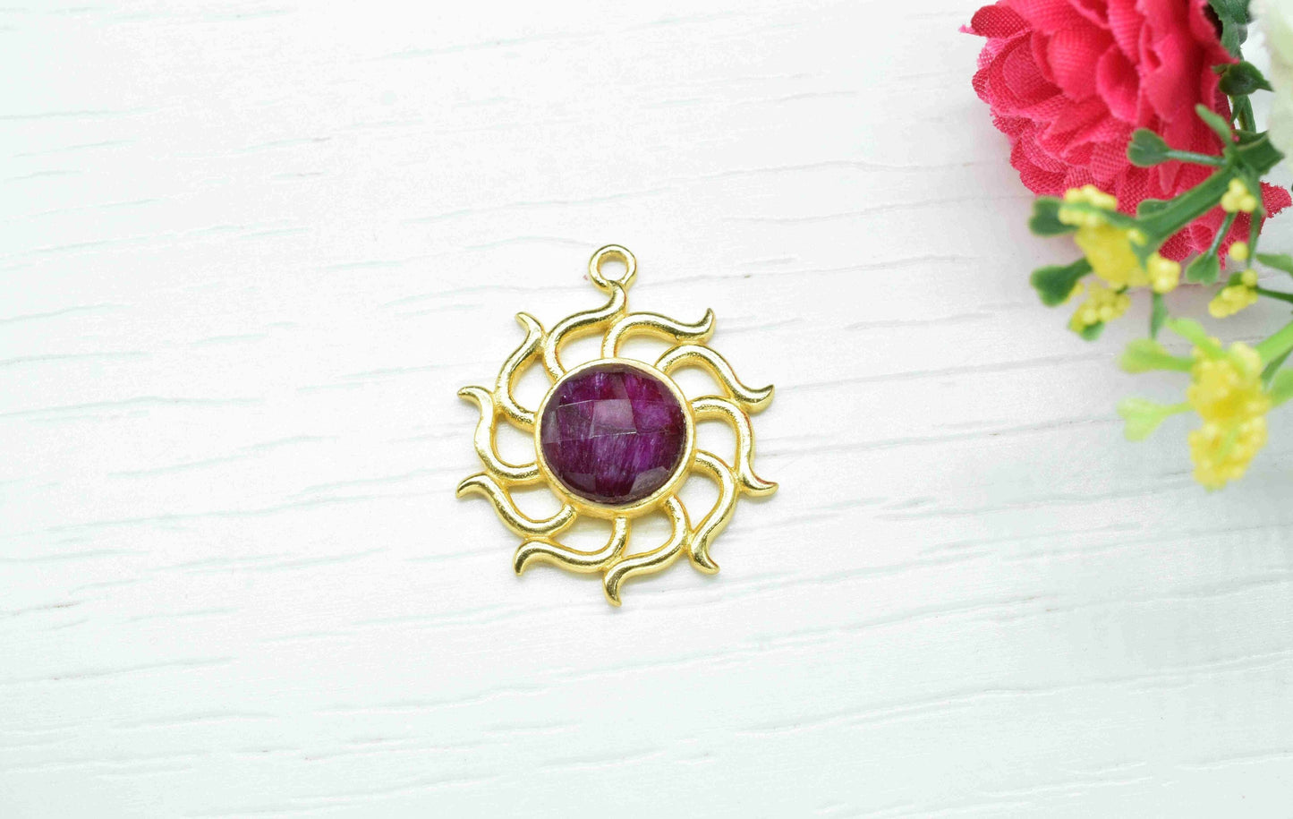 Ruby Gemstone Component, Single Bail Charm , Ruby  Connector Pendant , Gold Plated Connectors , Earring Component , B'day Gift