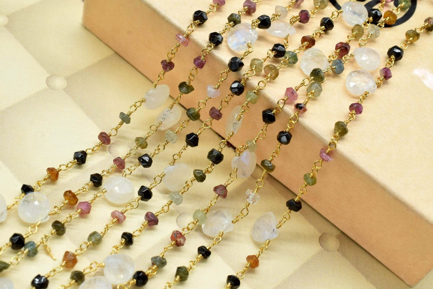 Pink Tourmaline 3mm Beaded & moonstone Heart shape Chain,Beaded Wire Wrapped Gemstone Beads,Faceted Rosary Chain,Gems Rosary Style,handmade