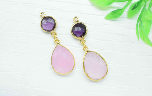 Rose Quartz Component pendants,Multi Gemstone Dangle Earring,Necklace Connectors,Handmade jewelry,Dangle pendant Charms,Station Bezel Link