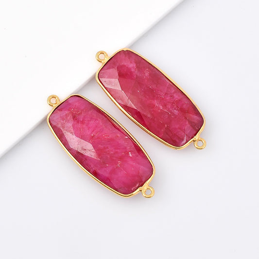 Genuine Ruby 14x28mm dual connector charm,Rectangle Shape Gold Plated bezel,Gold Vermeil Bezel, jewelry making charm,Gold-Filled bezel charm