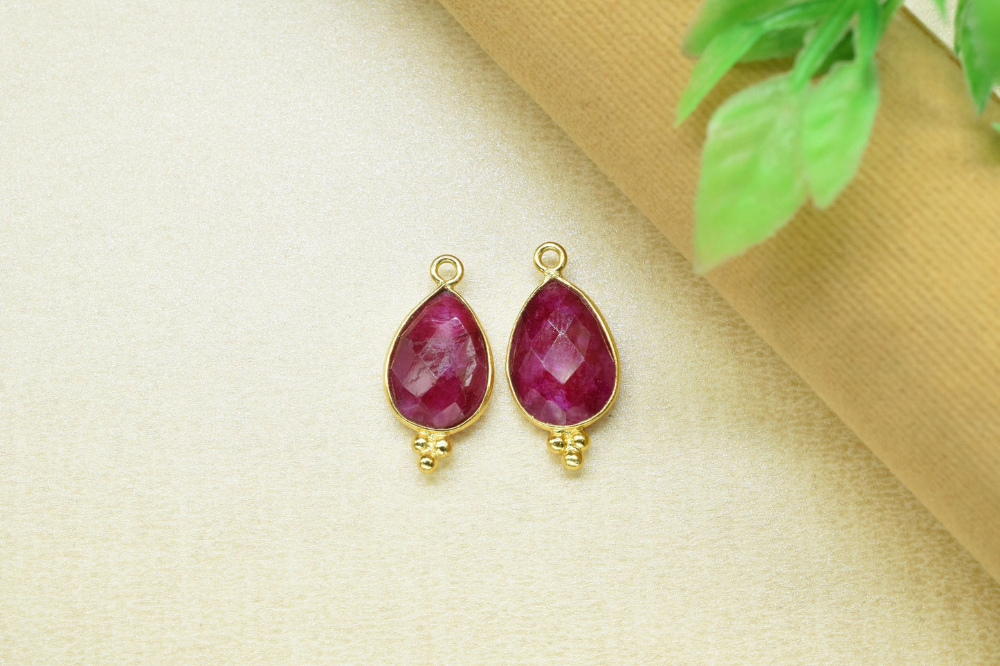 Ruby Faceted beads 10x14mm Bezel Charms Connectors,Ruby Charms Gold Plated Link Pendant Jewelry,Ruby Pear Shape Handmade Connector Jewelry