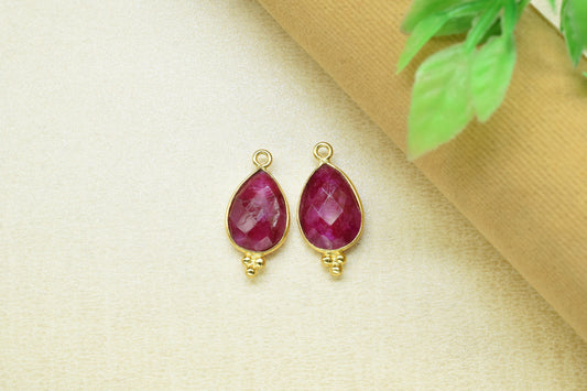 Ruby Faceted beads 10x14mm Bezel Charms Connectors,Ruby Charms Gold Plated Link Pendant Jewelry,Ruby Pear Shape Handmade Connector Jewelry