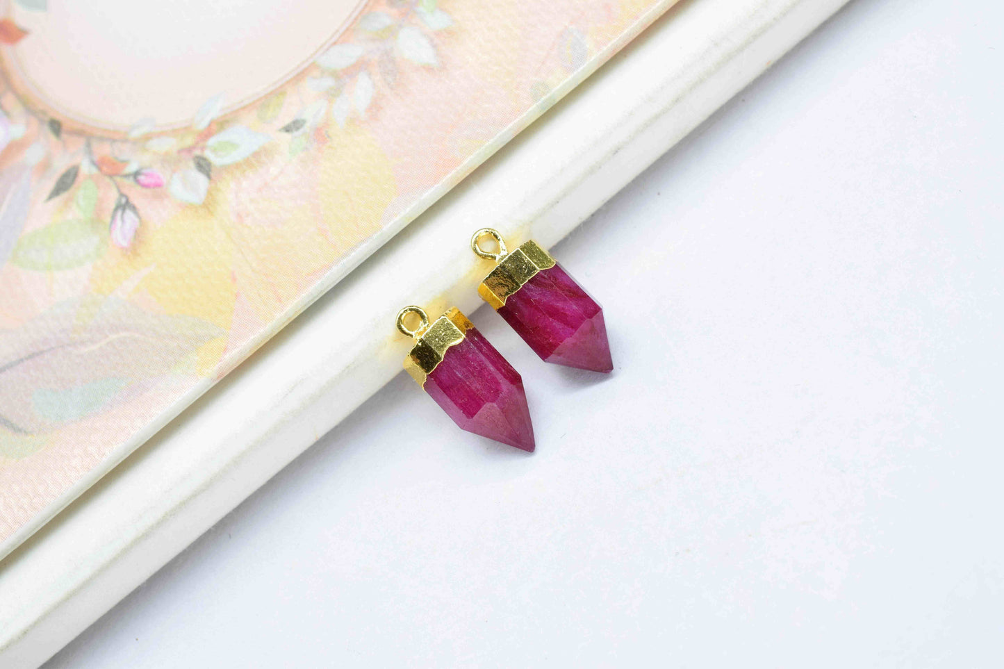 Ruby Gemstone 6x13mm Pencil Shape Connectors,Ruby Gemstone Jewelry making charm,Ruby Faceted Gold Plating Pendant,Ruby connector,Gift