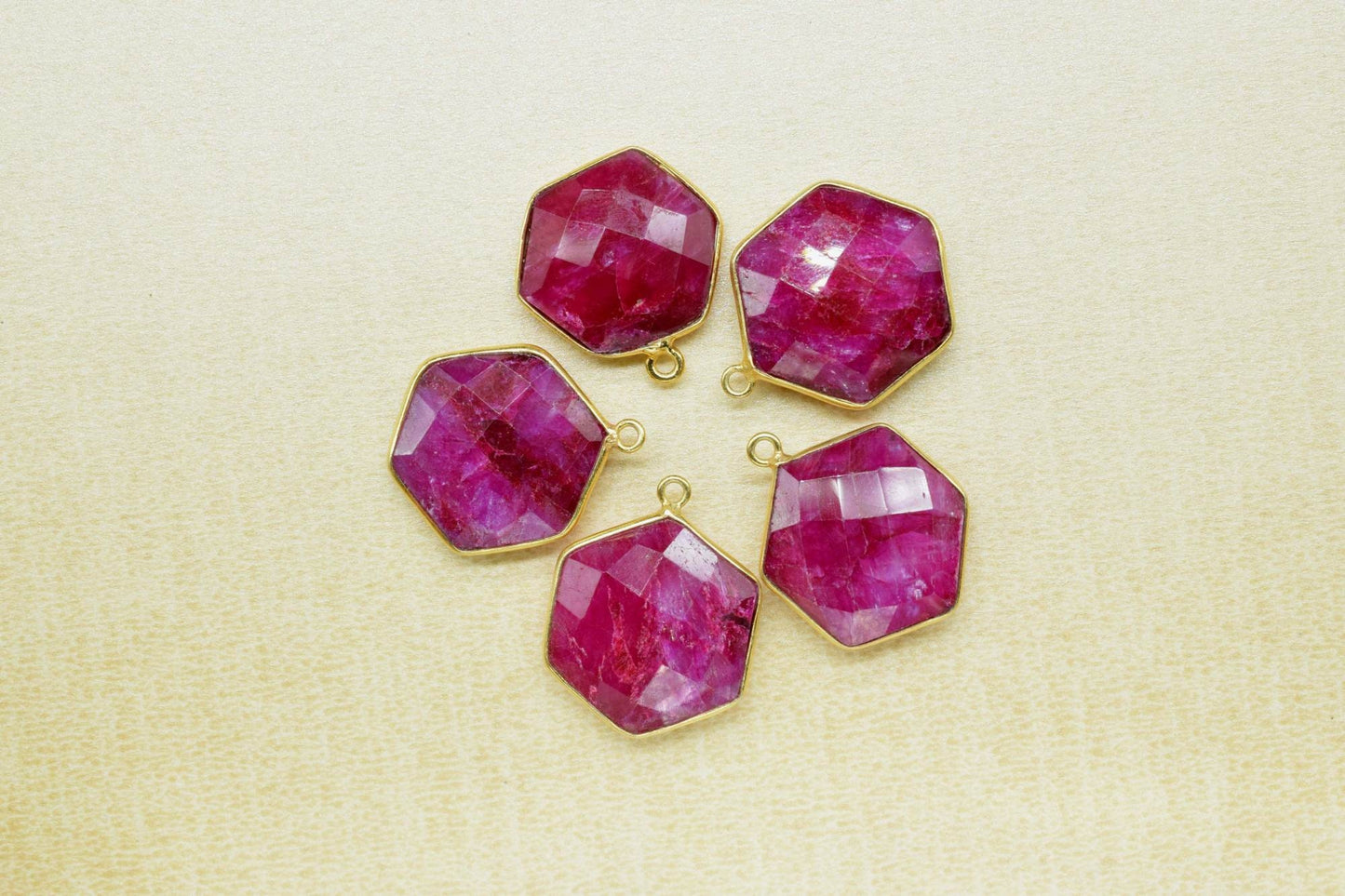 Ruby 16mm Hexagon Shape Pendant,Faceted Hexagon Shape Gemstone Bezel,Hexagon Charm Pendants,Gold Plated Single Bail Gemstone Connector
