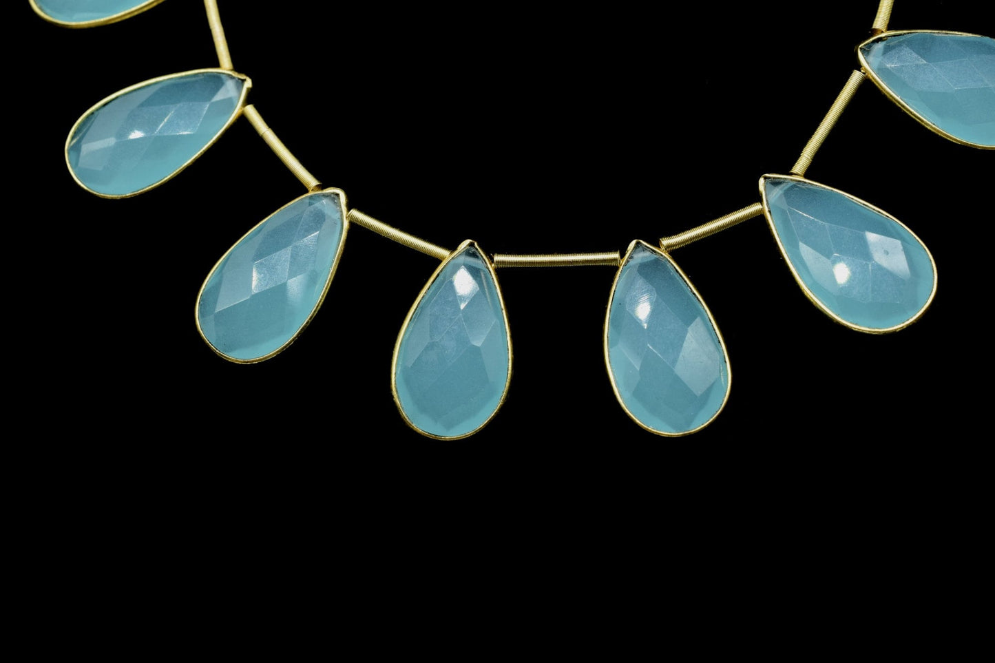 Aqua Chalcedony Side to Side Drilled chrams,Faceted Teardrop Gold Bezel ,pendant,earring findings,connector,Gemstone drilled bezel strand