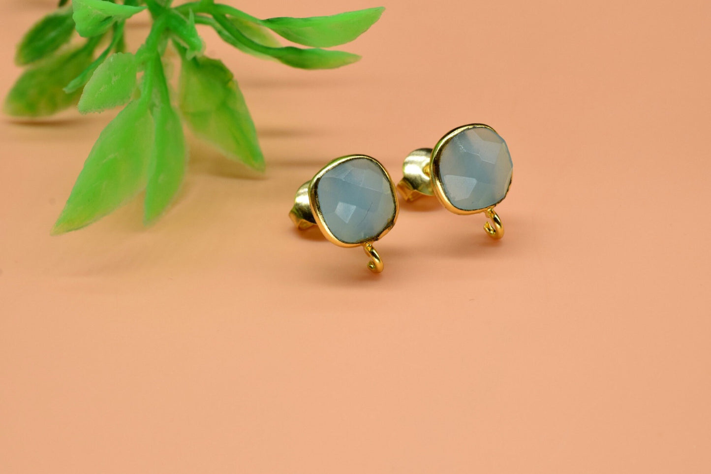 Aqua Chalcedony 8mm Earring Connector,Jewelry,Cushion Earring Connector,Jewelry Making Components,Chrysoprase Ear Stud,Jewelry Supplies,