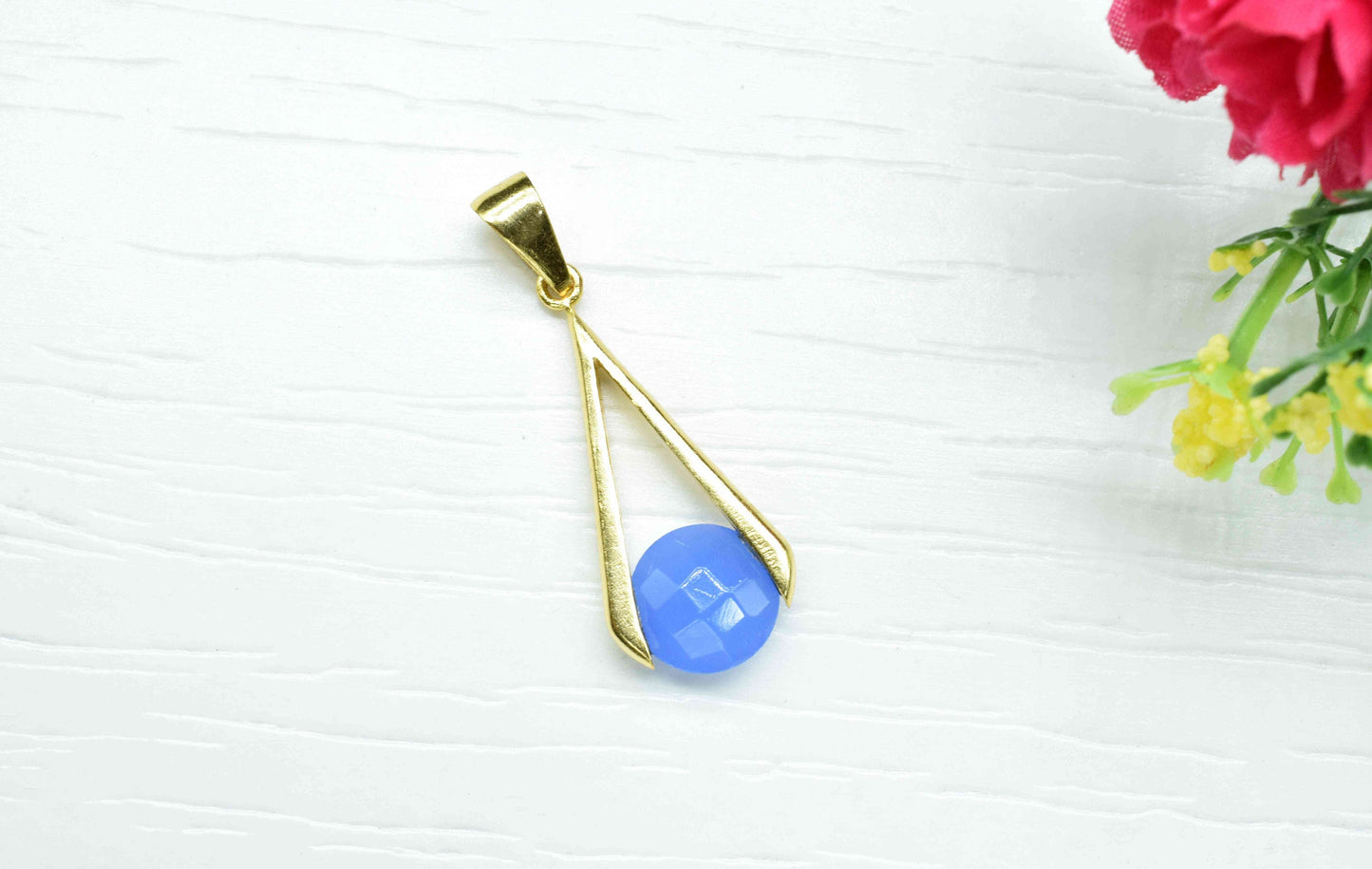 Blue Chalcedony , Single Bail Charm ,Blue Chalcedony Connector Pendant , Gold Plated Connectors , Single Bail Checker Cut Gemstone Connector