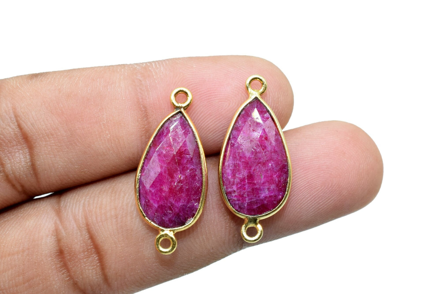 Ruby 10x18mm Pear shape double loop connectors,Ruby Pear pendant,Ruby Gold Plated bezel,jewelry making connectors,Ruby handmade charms,Ruby