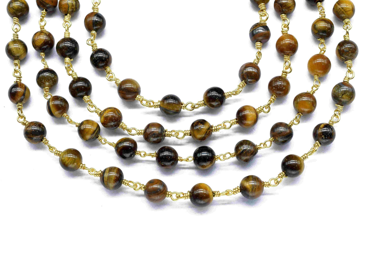 Tiger Eye Gemstone Beads Rosary,Gemstone Craft Supply Rosary,Handmade Bead Chain,Tiger Eye Gold Plating 6mm Wire Wrapped Smooth Beads Chain