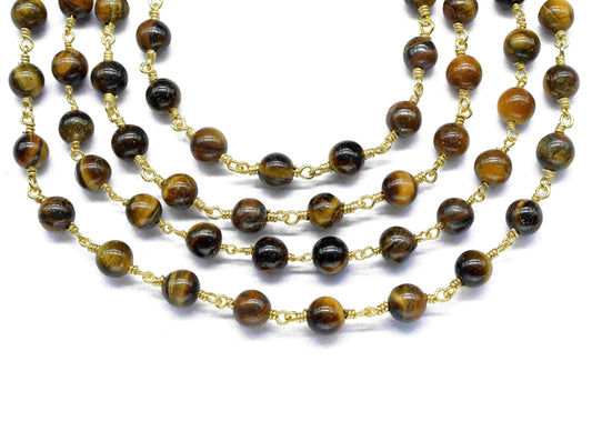 Tiger Eye Gemstone Beads Rosary,Gemstone Craft Supply Rosary,Handmade Bead Chain,Tiger Eye Gold Plating 6mm Wire Wrapped Smooth Beads Chain