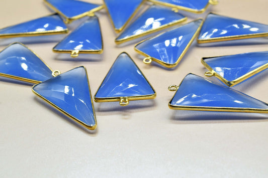 Blue Chalcedony 20x30mm Triangle shape Single bail Connector,Chalcedony Connector jewelry making,Blue Chalcedony Gold Bezel Plated Connector
