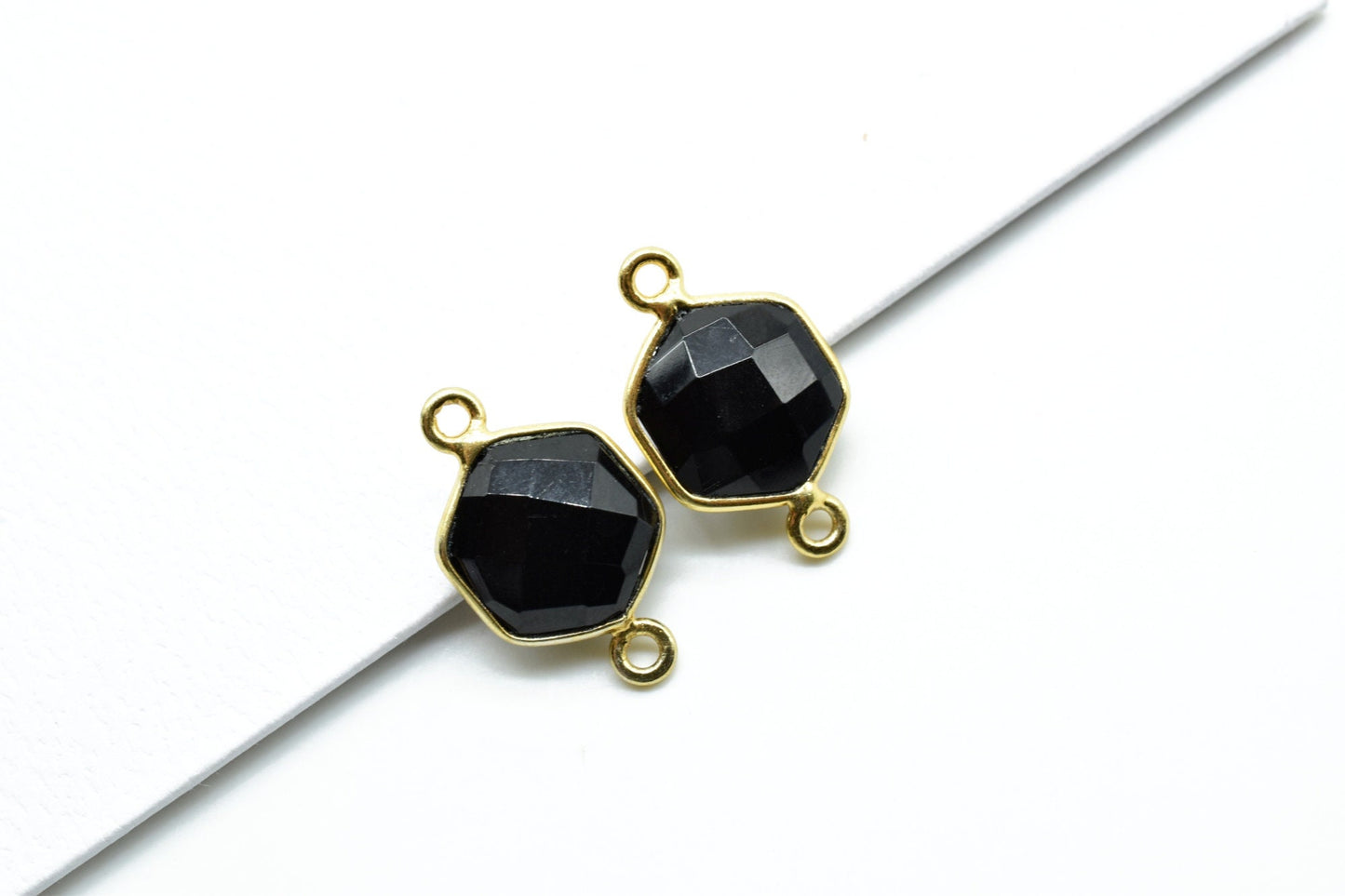 Black onyx 10mm Hexagon Shape Pendant,Gold Plated double Bail Gemstone Connector,Faceted Hexagon Shape Gemstone Bezel,Onyx Hexagon Charms