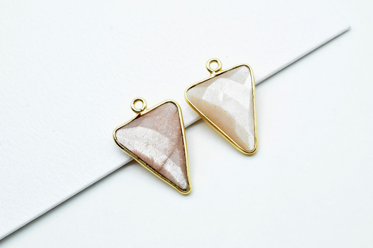Peach Moonstone 15x18mm Trillion shape charm,Brass Gold Plated bezel,Moonstone Pendant,Moonstone Arrow shape pendant,Handmade gold charms