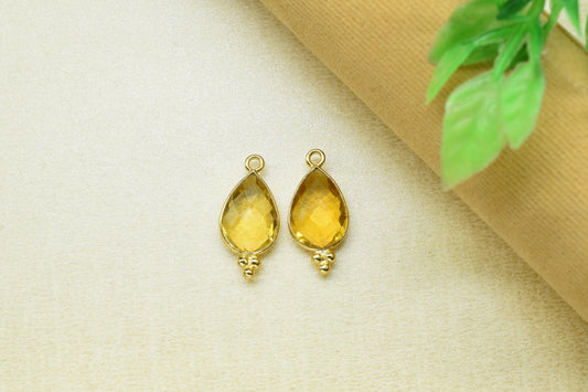Citrine Faceted 10x14mm Pear shape Pendant,Citrine single bail Gold Plated bezel,Citrine Checker Cut bezel Charms Jewelry,Citrine Charm Gift