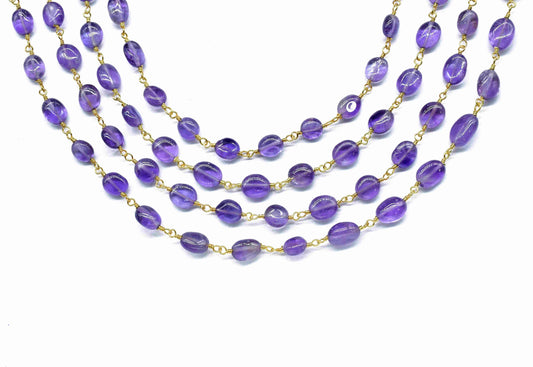 Amethyst Oval Smooth Beads Chain,Handmade Jewelry,Oval Shape Wire Wrapped Rosary Chain,Amethyst Beads Rosary Chain,Gemstone Rosary Chain