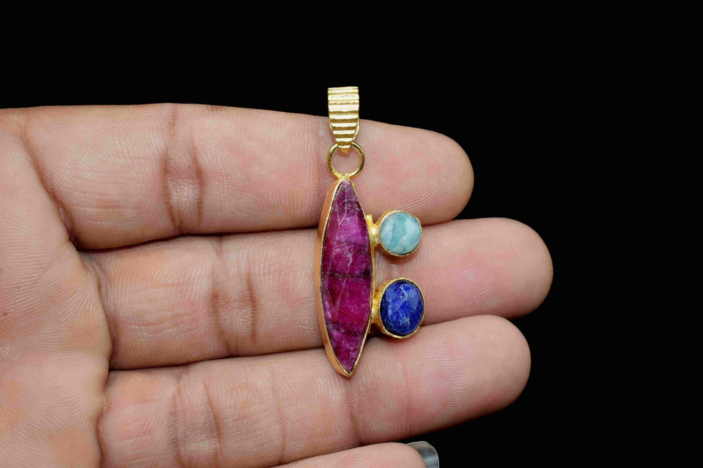 Natural Multi Gemstone Pendant, Ruby Pendant, Blue Sapphire Gemstone Jewelry, Amazonite Gemstone, Gemstone Set Pendant, Multi Stone Pendant