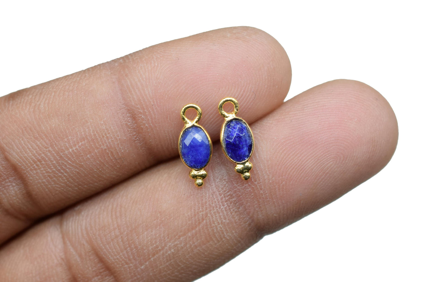 Gemstone Blue Sapphire Charms Connector/Handmade Jewelry/Gold Plated Connector/Tiny Pendant/Sapphire Pendant/Oval Shape Connector/B'day Gift