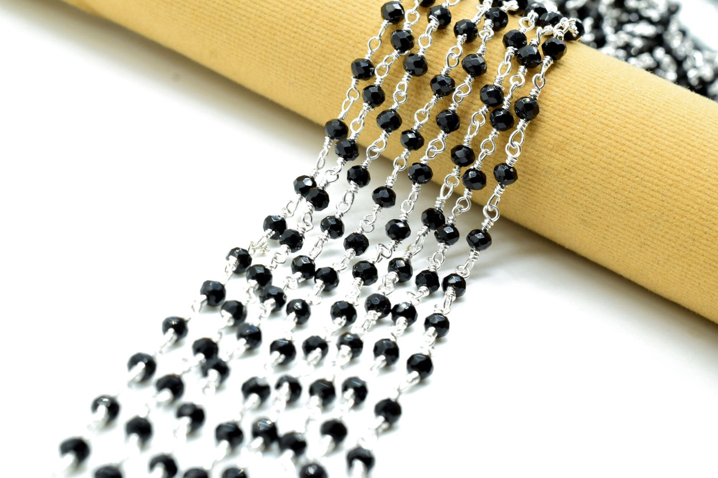 3-3.5 mm Black Onyx Silver Plated Rosary Chain,Black Onyx Faceted Beaded Chain,Wire Wrapped Silver Plated Chain,Black Onyx Bulk Rosary Roll