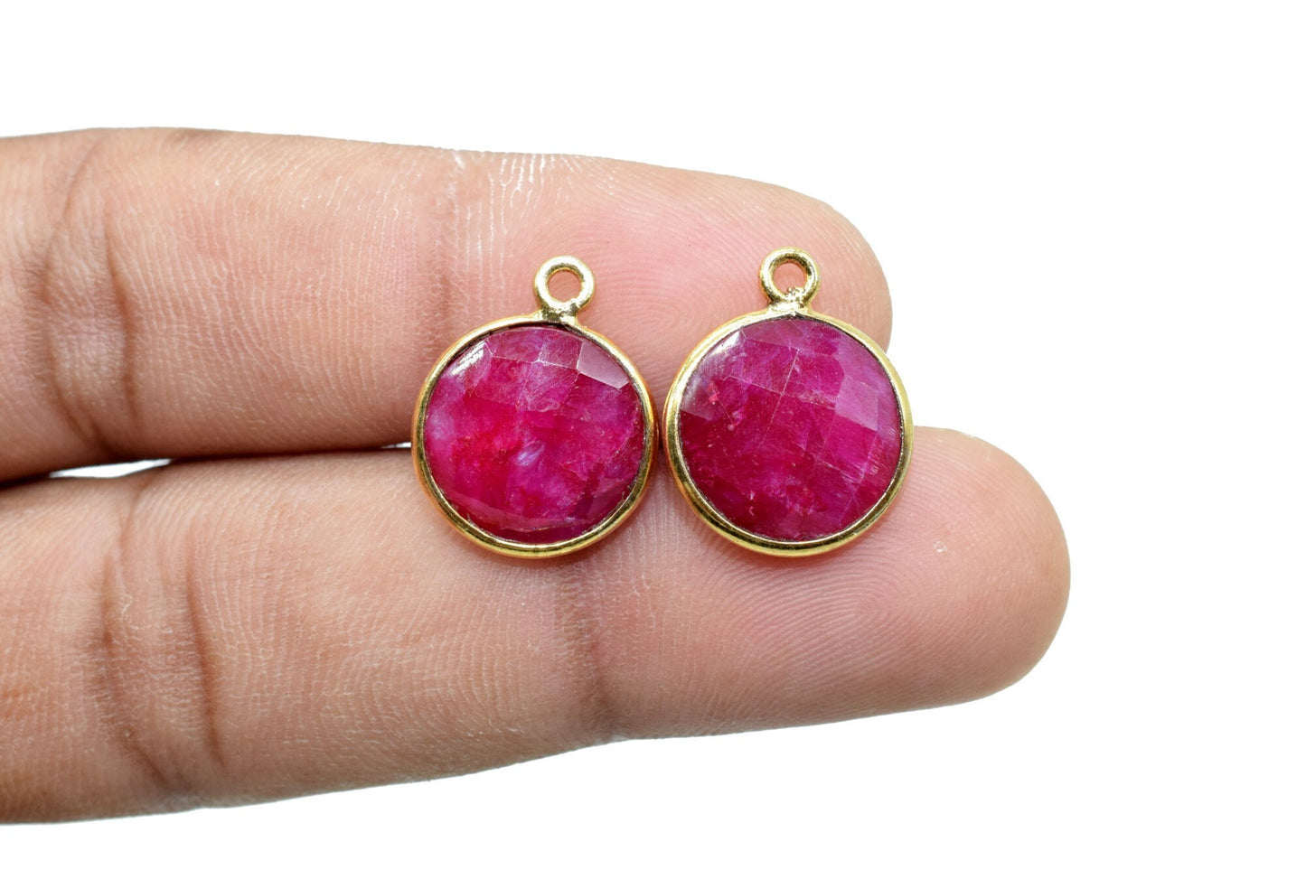 Natural Ruby 12mm charm,Ruby Pendant,Ruby Round Gold Plated bezel,Ruby Vermeil Bezel,Ruby jewelry making charm,Ruby Brass connector,Ruby