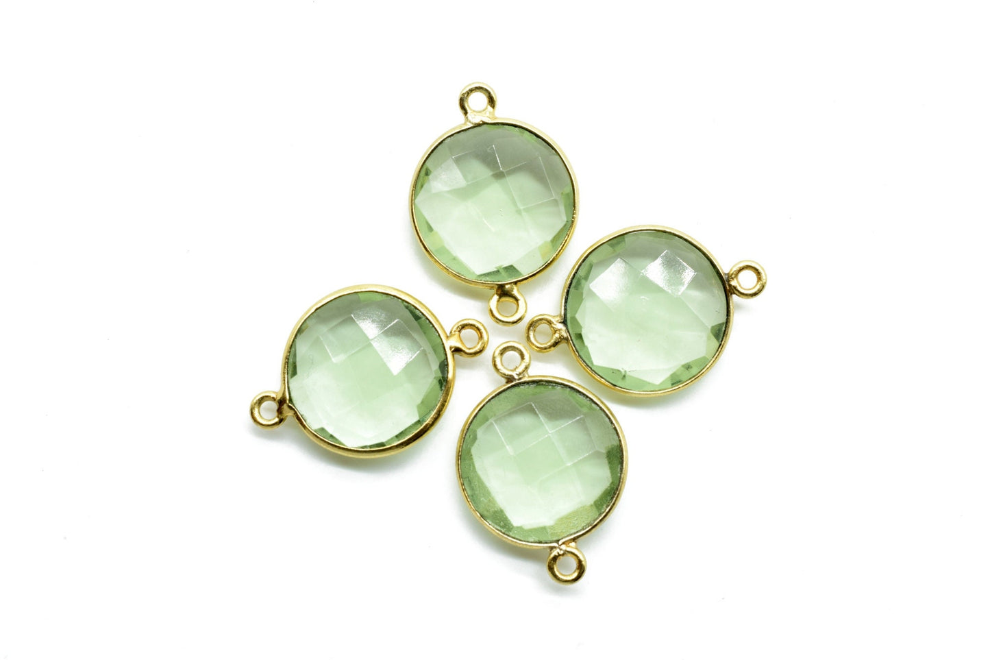 Green Amethyst 14mm Round Double bail connectors,Gold Plated bezel,Green Amethyst Pendant,February Birthstone Coin Links,Jewelry Findings