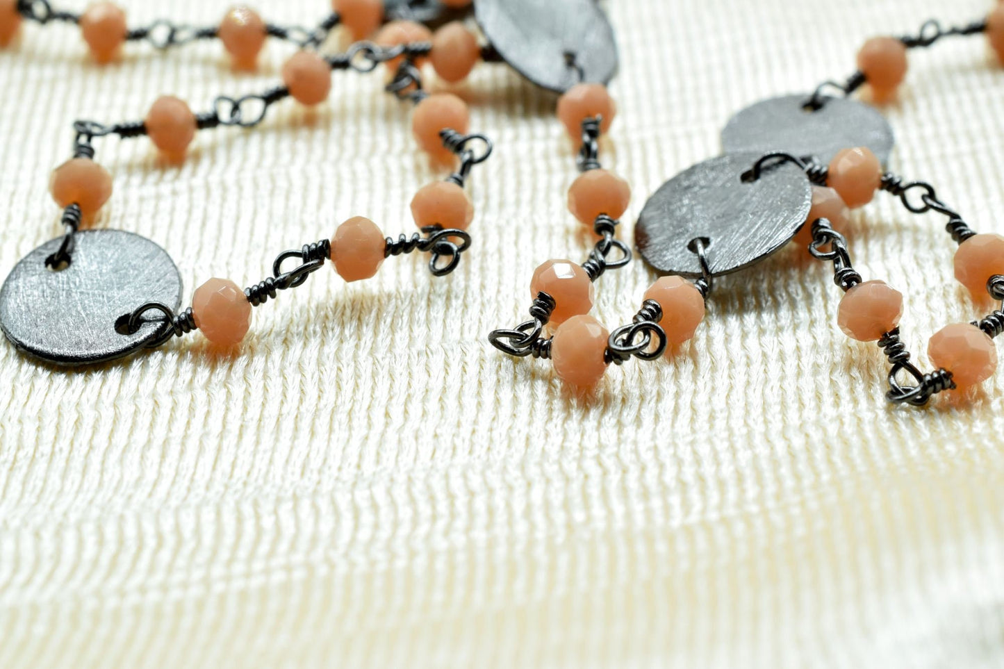 Peach Agate 3mm Beaded Chain,Peach Agate Rosary Chains,Peach Agate Gold Plating Wire Wrap Chain,Brass chain Jewelry,circle charms chain,