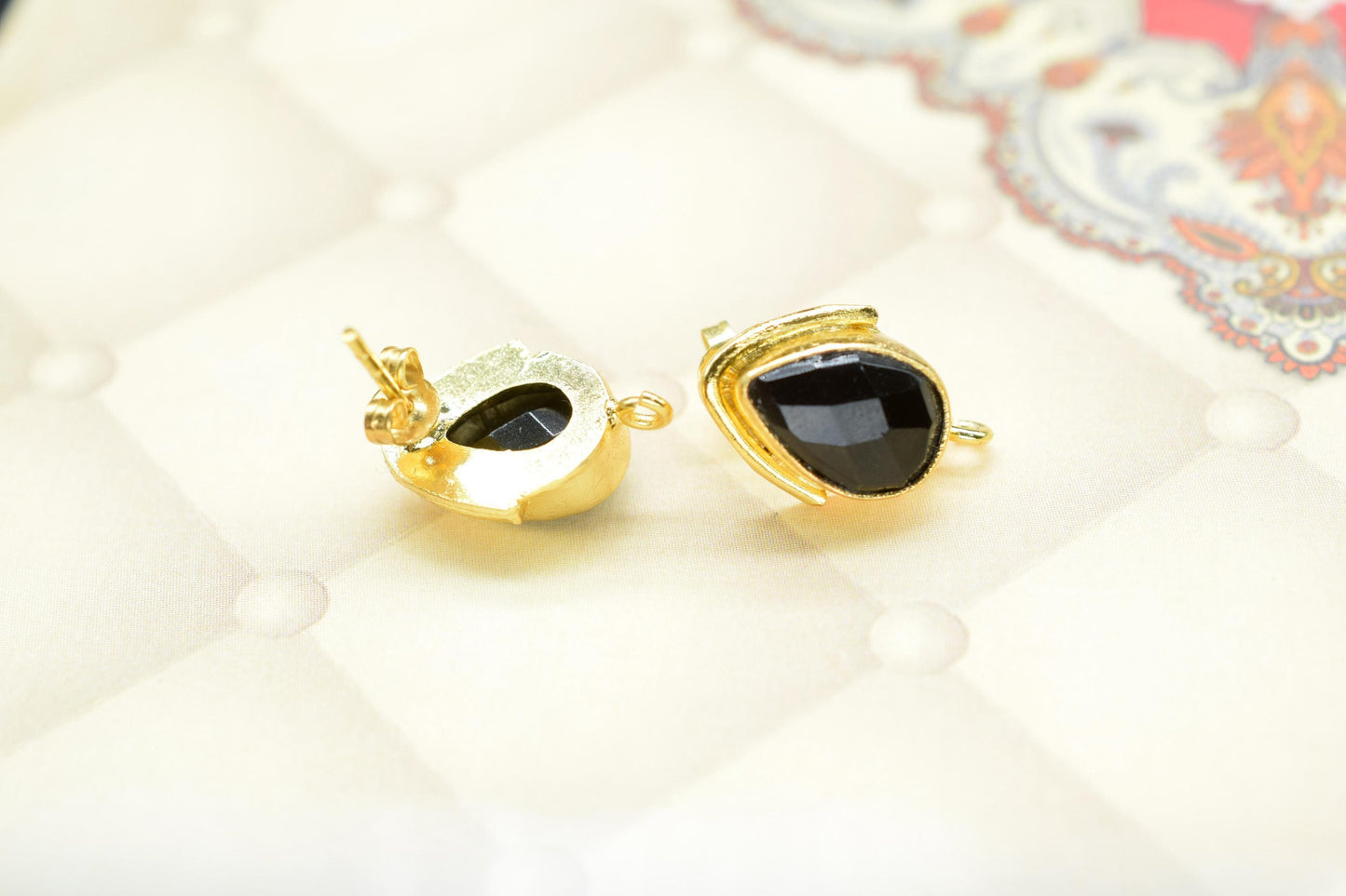 Black Onyx Studs Earring/Gold Plated Earring/Handmade Earring/Bezel Set Earring/Teardrop Earring/Women Jewelry/Connector Earring/Gift