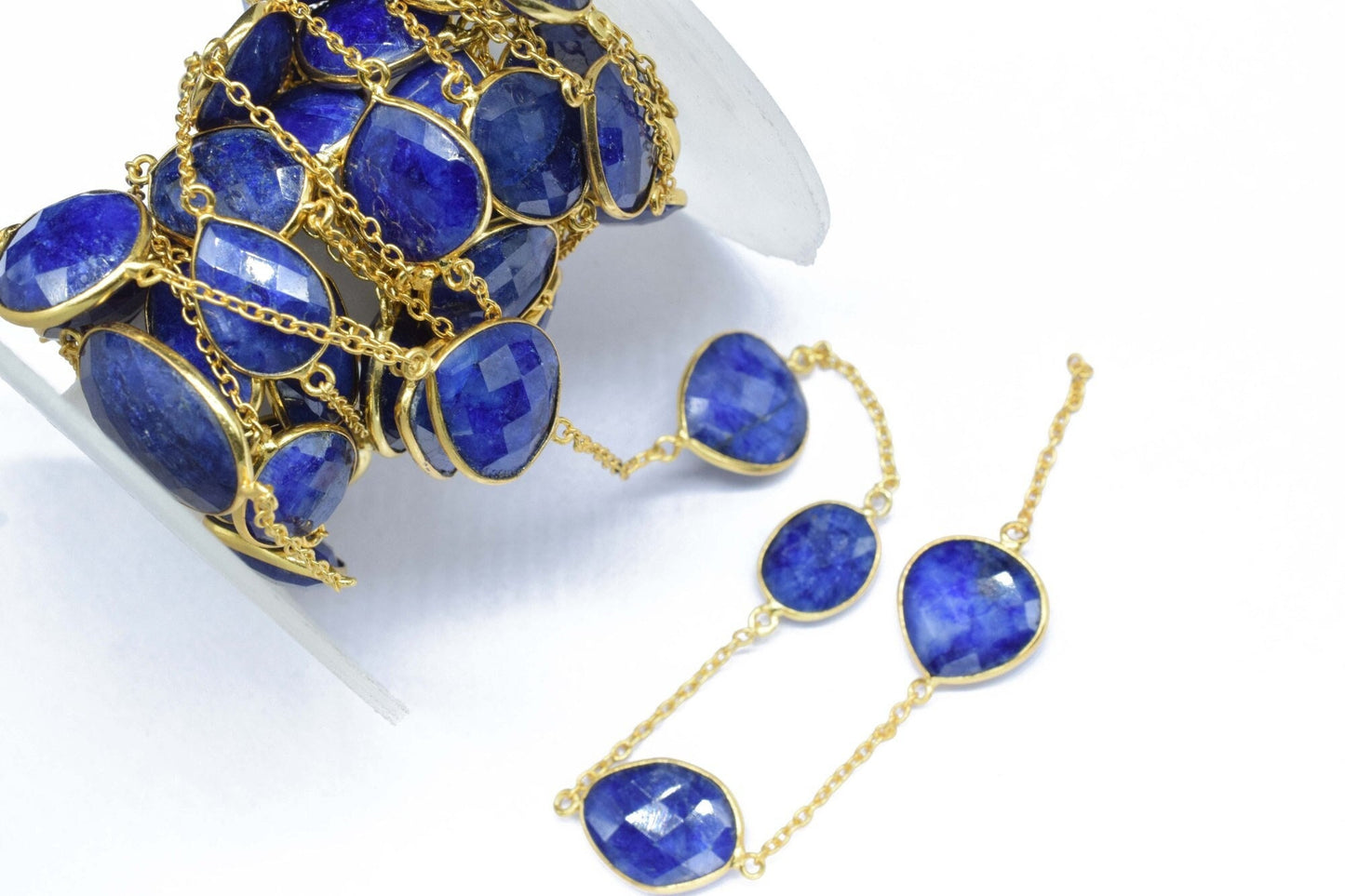 Blue Sapphire Faceted Bezel Connector, Sapphire Bezel Chain, Free Size Gemstone Connector, Jewelry Making Chain, Blue Sapphire Bezel Jewelry