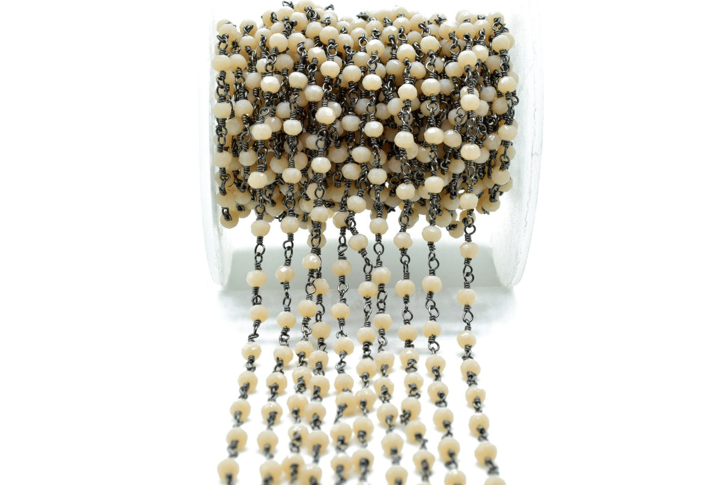 Peach Agate 3mm Beaded Chain,Peach Agate Rosary Chain,Peach Agate Black rhodium Wire Wrap Chain,Brass chainJewelry Making Chain Rosary chain