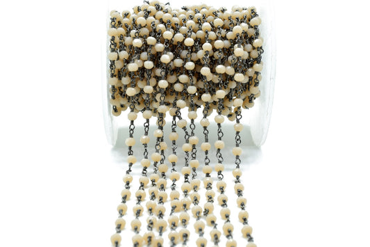 Peach Agate 3mm Beaded Chain,Peach Agate Rosary Chain,Peach Agate Black rhodium Wire Wrap Chain,Brass chainJewelry Making Chain Rosary chain